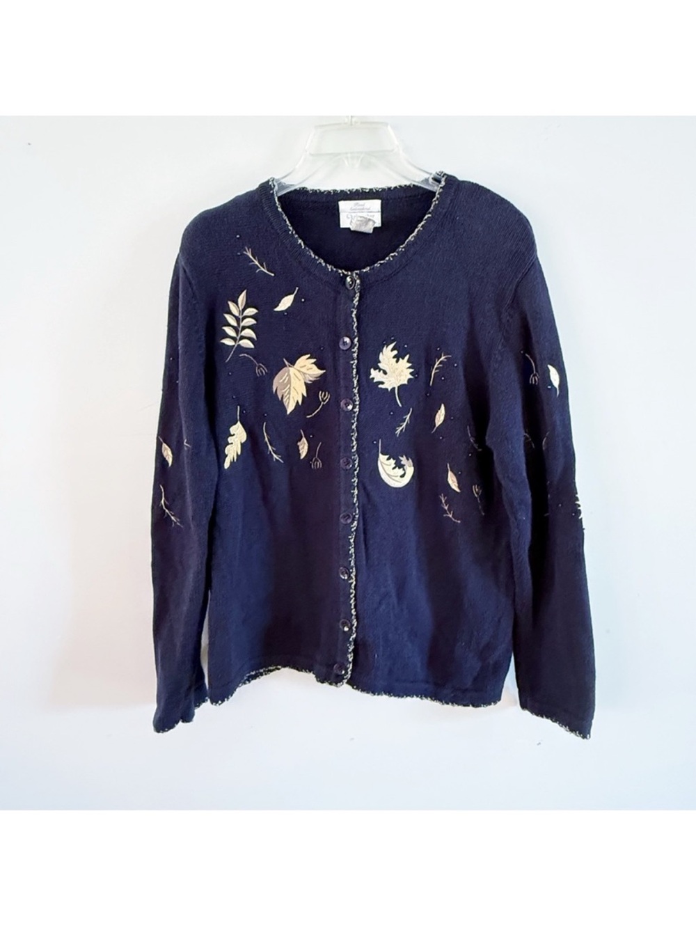 Vintage Women Embroidered Beaded Leaf Novelty Cardigan Medium Granny Casual Navy